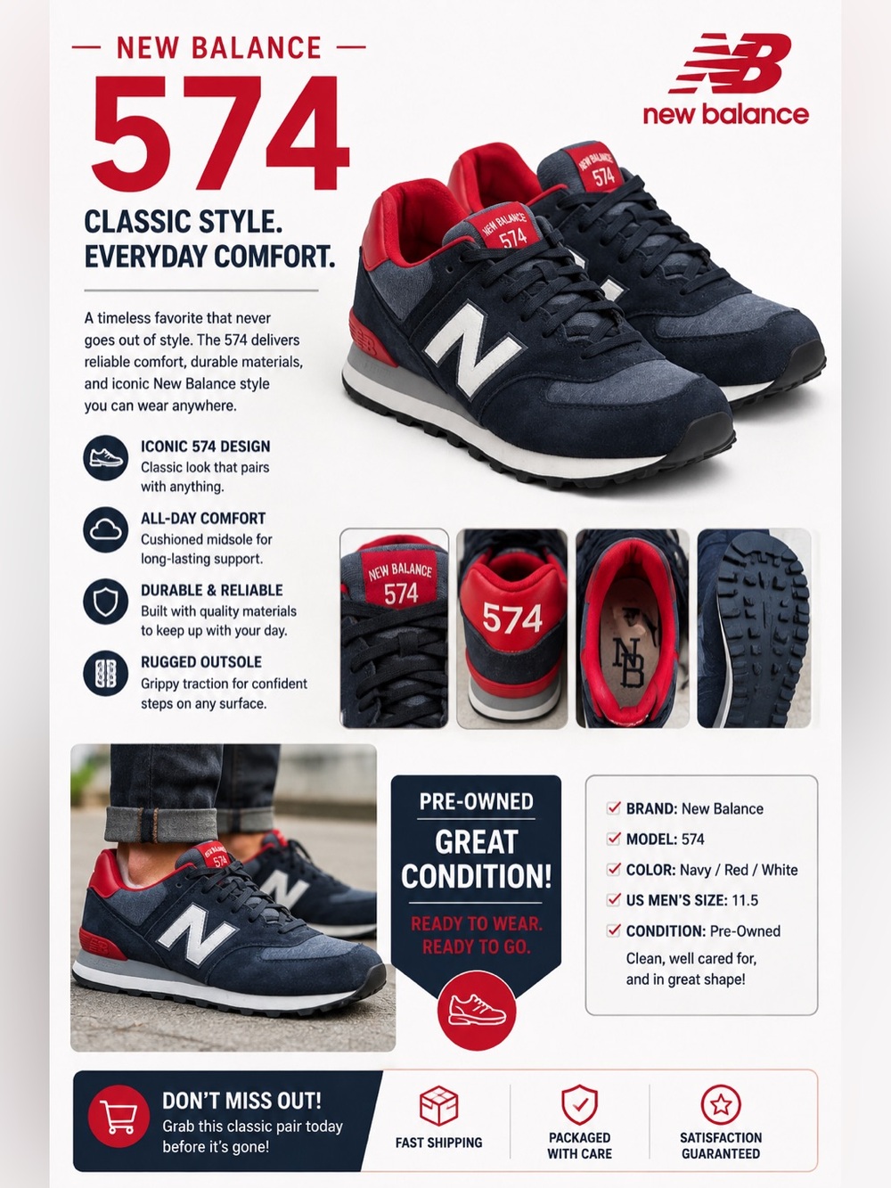 New Balance Navy, Red & White 574 Men's Sneakers